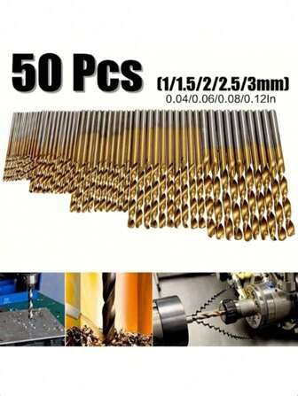 50 件镀钛麻花钻头套装，1 毫米/1.5 毫米/2 毫米/2.5 毫米/3 毫米，每种尺寸 10 件