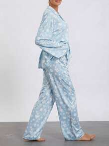 Women Pajamas Lounge Set Strawberry Print Turn-Down Collar Long Sleeve Shirts Tops And Pants 2 Piece Loungewear Outfits - 藍色 - 查看 8