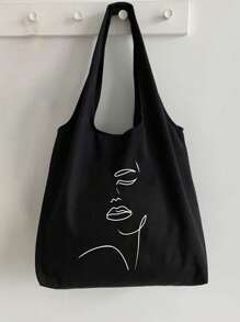 Ladies' Canvas Bag Shopping Bag Tote Bag And Makeup Bag,Simple Line Illustration Pattern Reusable Grocery Handbag Storage Bag,Printing Pattern Shoulder Bag Large Capacity Student Handbag,Simple Large-Capacity Handbag