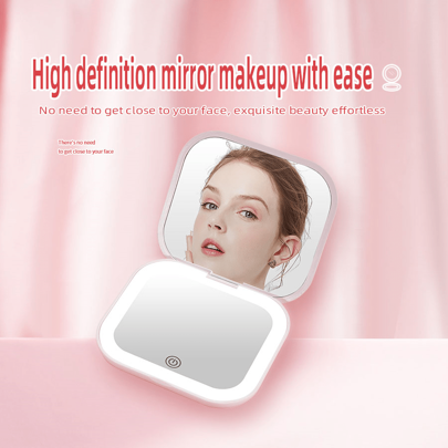 Espejo de aumento de alta definición con tres niveles de atenuación, portátil con tapa plegable circular, con un lado ampliado 2X, espejo de maquillaje LED recargable por USB, espejo pequeño