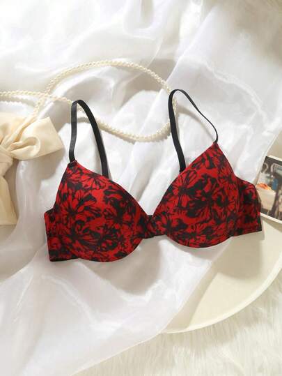 Women's Fashion Floral Contrast Underwire Lingerie Bra, Comfortable Spaghetti Strap Christmas Red Lingerie Bra, Christmas