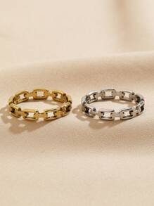 1件或2件套不锈钢时尚简约风格女士金银色长方形镂空戒指套装，适合女士日常佩戴或作为礼物赠送 - 金黃色 - 查看 6