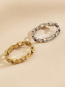 1件或2件套不锈钢时尚简约风格女士金银色长方形镂空戒指套装，适合女士日常佩戴或作为礼物赠送 - 金黃色 - 查看 5