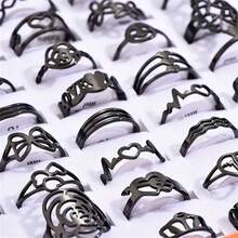 20/50/100 件哥特式戒指套装，深色风格时尚蝴蝶心形图案不锈钢首饰，万圣节送给朋友的礼物 - 黑色 - 查看 3