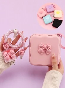 Cute Bow Candy Color Data Cable Protective Cover Data Cable Storage Protection Bag Data Cable Earphone Charger Digital Accessories Storage Box Anti-Fall Zipper Bag 6 Pieces Set Compatible With IPhone20W Fast Charging Head