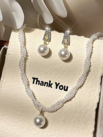 1 套简约优雅仿珍珠花耳环和项链，时尚百搭优雅珠宝套装适合女性度假和日常佩戴