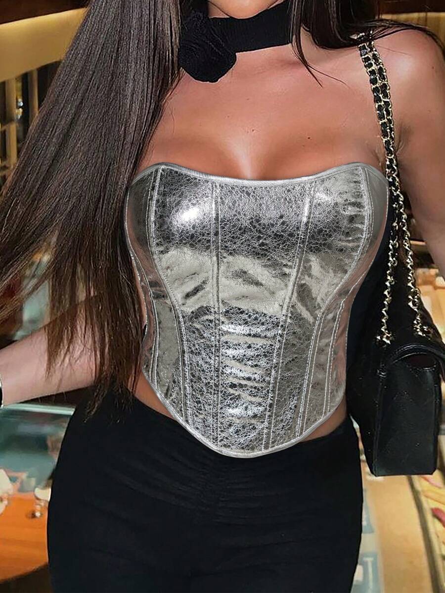 Punk Metallic Silver Overbust Curved Hem Lace Up Back Backless PU Leather Boned Corset Shapewear Crop Tube Top