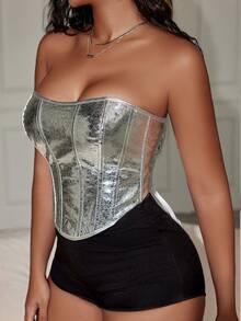 Punk Metallic Silver Overbust Curved Hem Lace Up Back Backless PU Leather Boned Corset Shapewear Crop Tube Top