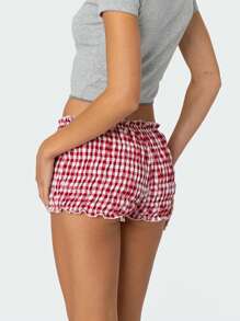 Women Ruffle Plaid Shorts Cute Pettipants Low Waist Ruched Short Pants - 紅色 - 查看 5