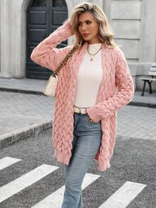 Solid Color Mid-Length Cardigan Sweater Jacket, Long Sleeve Casual Loose Knit Outwear, Elegant & Versatile