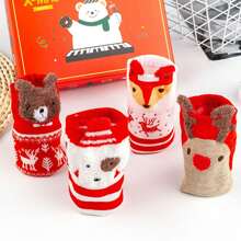 4 Pairs Festive Red Christmas Socks, Cartoon 3D Design Mid-Calf Socks For Women, Suitable For Chinese New Year, Autumn/Winter Home Decor Christmas Decorations Room Decor