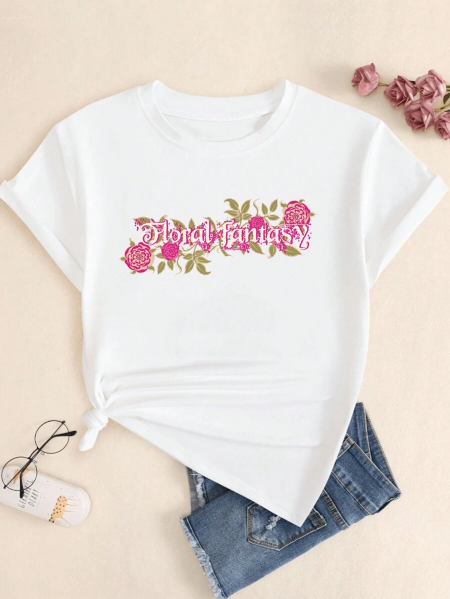Floral Style Cotton T-Shirt Art Nature Comfortable Breathable Short Sleeve T-Shirt - trắng - Xem 1