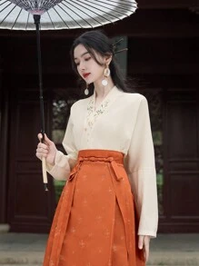 Vintage Spring Chinese Style Apricot Plane Sleeve Long Sleeve For Chinese New Year, Daily, Street, Commuting, Home And Other Occasions To Wear Hanfu Tops