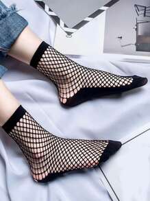 1pair Women Solid Fishnet Crew  Socks, For Summer