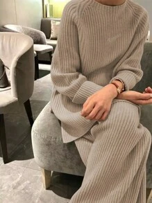 Set de 2 piezas de suéter informal de manga dolman de cuello redondo y pantalón ancho de vestir cómodo y sólido para mujer