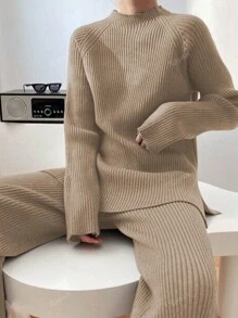 Set de 2 piezas de suéter informal de manga dolman de cuello redondo y pantalón ancho de vestir cómodo y sólido para mujer