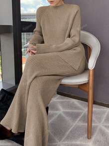Set de 2 piezas de suéter informal de manga dolman de cuello redondo y pantalón ancho de vestir cómodo y sólido para mujer