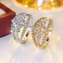 1 chiếc nhẫn thiết kế hoa bướm rỗng, 3 hàng đồng mạ đá Cubic Zirconia tổng hợp, nhẫn thời trang dành cho nữ - nhẫn - Xem 8