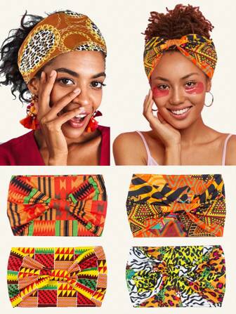 新款豹纹扭纹宽弹性头带，波西米亚图案发带，适合运动和瑜伽，聚酯纤维发带狂欢节，狂欢节头巾头带吸汗带