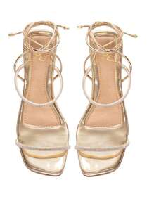 Sandália Feminina Strass Rasteirinha Amarração Brilho Macia Delicada - Dourado - Visão 3