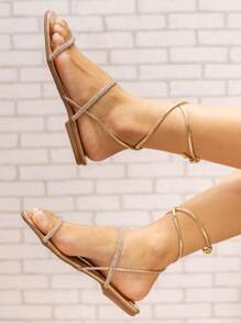 Sandália Feminina Strass Rasteirinha Amarração Brilho Macia Delicada - Dourado - Visão 2