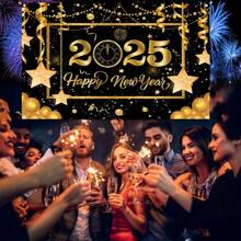 2025 Happy New Year Party Backdrop - Black & Golden Star Design, Polyester Banner For Festive Decorations And Photo Booths - Multicolor - View 5