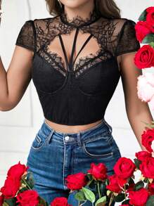 Sexy Lace Eyelash Guarnição Em Torno Do Pescoço Figura-Hugging Corset Bralette, Chic Street Style