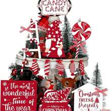 17Pcs Set Tiered Tray Decorations Set Cute Wooden Candies Canes Gnomes Trucks Table Centerpieces For Home Party Decor Valentine Day