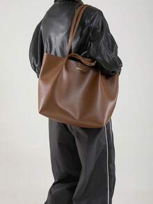 2件装复古梅拉德简约休闲设计纯色大容量包带内衬麂皮小包，新款秋冬款，适合通勤上班和日常约会，女士单肩托特包 - 棕色 - 查看 5