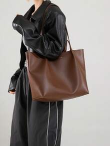 2件装复古梅拉德简约休闲设计纯色大容量包带内衬麂皮小包，新款秋冬款，适合通勤上班和日常约会，女士单肩托特包 - 棕色 - 查看 4