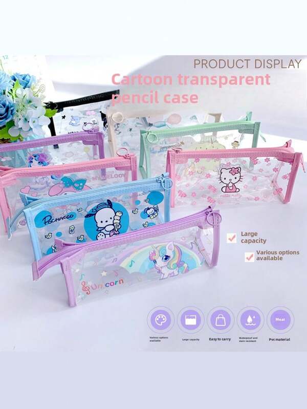 Sanrio Estojo de lápis Sanrio transparente colorido de PVC espessado e atualizado, grande capacidade, altamente atraente, para estudantes