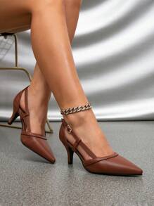 Sandalias de tacón alto con punta puntiaguda, correa, diseño calado, talón abierto con correa de tobillo, versátiles para bodas y ocasiones formales, para mujer