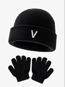 Set de 2 piezas de gorro de punto y guantes suaves, cálidos y a prueba de viento con 26 letras, adecuado para bebés niños y niñas en otoño e invierno