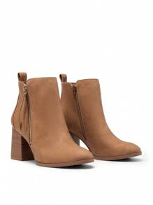 Women's Comfy Almond Toe High Chunky Heel Ankle Boots With Zipper Decoration For Work And Everyday Wear Perfect For Daily Commutes, Dates, Shopping, Or Holiday Celebrations - 棕色 - 查看 5