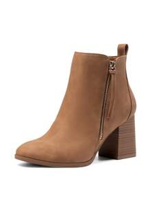 Women's Comfy Almond Toe High Chunky Heel Ankle Boots With Zipper Decoration For Work And Everyday Wear Perfect For Daily Commutes, Dates, Shopping, Or Holiday Celebrations - 棕色 - 查看 4