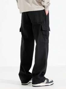 CARGO JEANS Pants With Side POCKET Adjustable Waist Wide Long Unisex - Black - View 1
