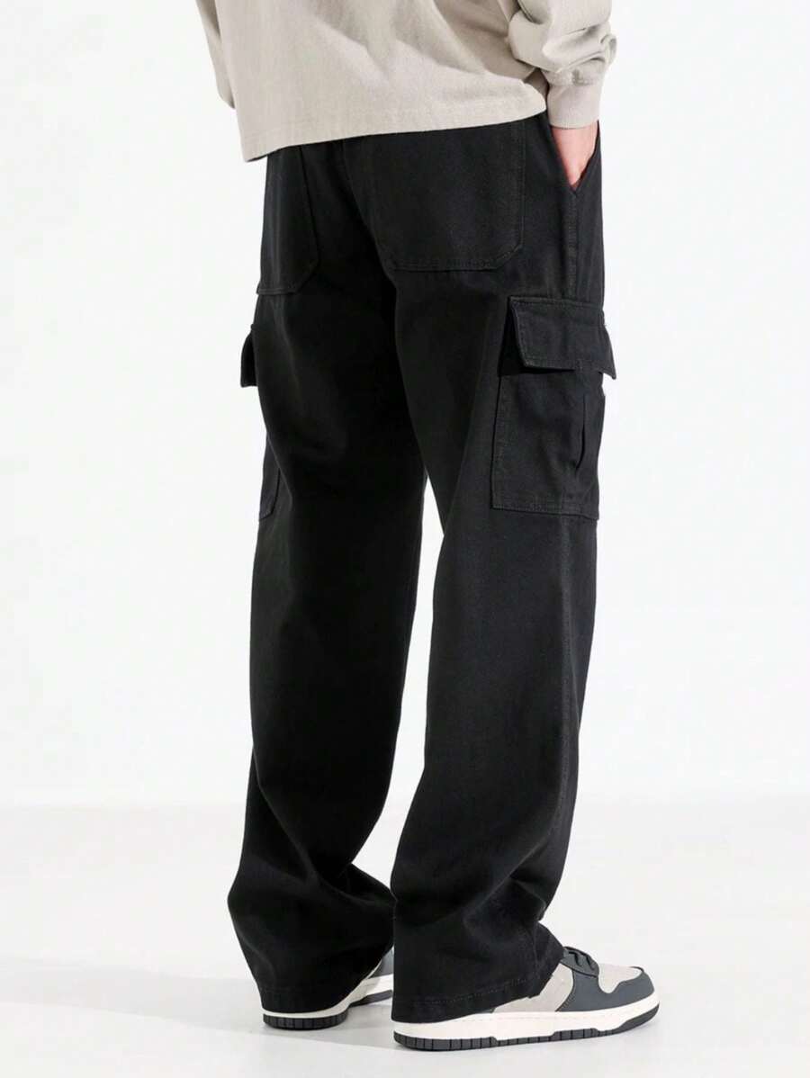 CARGO JEANS Pants With Side POCKET Adjustable Waist Wide Long Unisex - Black - View 1