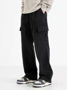 CARGO JEANS Pants With Side POCKET Adjustable Waist Wide Long Unisex - Black - View 2