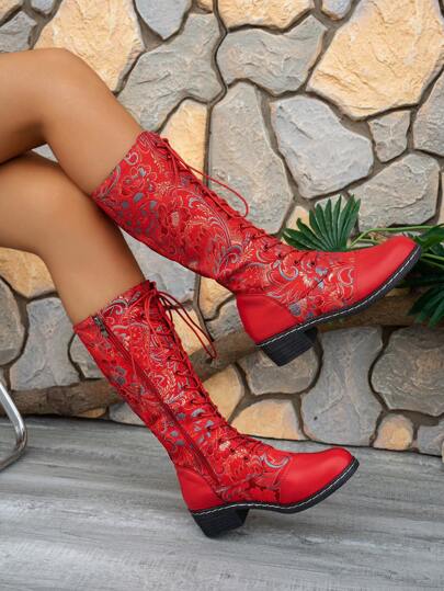 بوت نسائية متوسطة الطول مطرزة بالزهور للخريف/الشتاء، بوت فستان بكعب سميك وأصابع مستديرة، بسحاب جانبي وأربطة، بتصميم غربي أنيق وراحة قدم