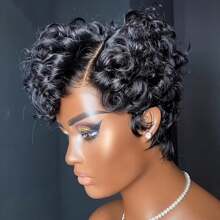 13x4x1 T Part Lace Frontal Wig Pixie Cut Lace Frontal Wigs For Women Brazilian Curly Wavy Virgin Human Hair Lace Front Wigs For Women Short Layered Pixie Wigs For Women