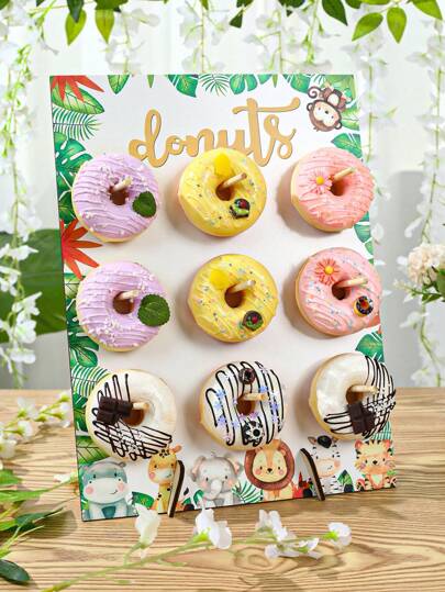 1 套 26*35 厘米/32*40 厘米木制甜甜圈展示架支架板，适用于 9/16 个甜甜圈、食品展示架、DIY 甜点装饰道具、蛋糕装饰架、丛林动物主题派对生日派对桌面装饰宝贝淋浴婚礼性别揭秘派对用品