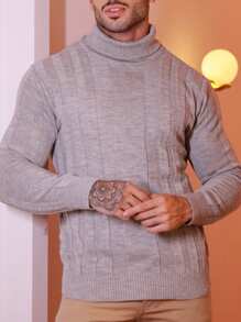 Men's Knitted Sweater, Cacharrel, High Neck, Long Sleeve, Plain, Chic, Ribbed - Grey - View 3