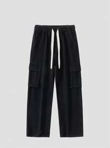 CARGO JEANS Pants With Side POCKET Adjustable Waist Wide Long Unisex - Black - View 3
