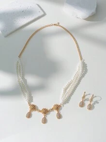 Herseygold 1 套珍珠项链、耳环、镀金头饰首饰套装、奢华阿拉伯新娘婚礼礼物