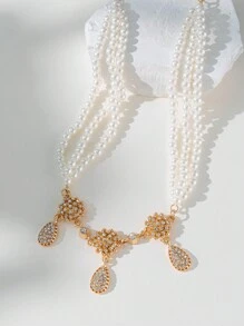 Herseygold 1 套珍珠项链、耳环、镀金头饰首饰套装、奢华阿拉伯新娘婚礼礼物