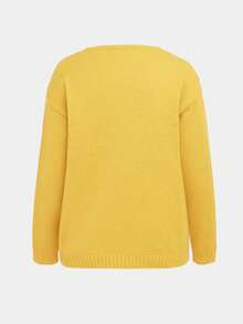 女式简约纯色V领宽松修身休闲套头长袖毛衣，秋冬 - 黃色 - 查看 5