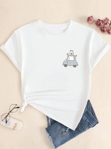 Cartoon T-Shirt Cute Animal Style Cotton Women's Printed Blouse Comfort - 白色 - 查看 2