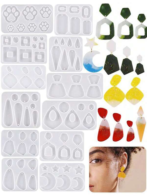 1/12pcs DIY Crystal Dropper Earring Mold, Multiple Mirror Like Stars, Moon, Cat Claws, Water Droplet Square Pendant Jewelry, Silicone Mold