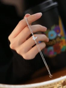 1 件优雅的 S925 纯银蝴蝶水钻双层手链，独特的设计，适合女性/女孩，精致清新的风格，派对/生日礼物 - 銀色 - 查看 6