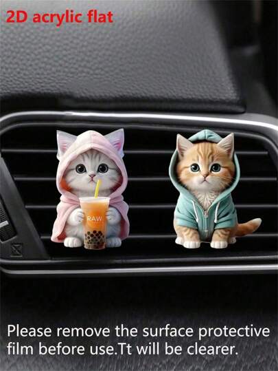 1pc/2pcs Cute Cat Acrylic 2D Car Air Vent Clip Aromatherapy Diffuser, Car Interior Air Freshener Decor Set (Clip And Base Color Random, Black & White Available, New & Old Packaging In Yellow & White)